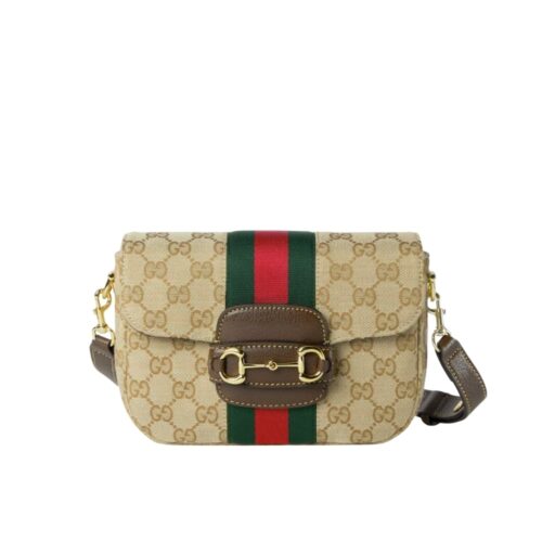Gucci Horsebit 1955 Small GG Canvas Shoulder Bag Sand And Dark Brown 21cm 866762 FAFV9 9653