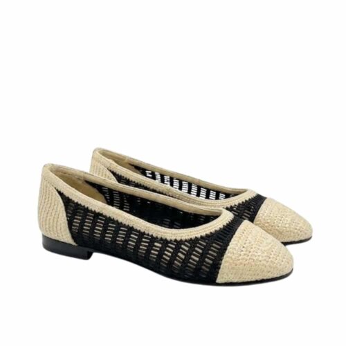 Chanel Ballerina Flat Raffia Black And Beige G46352 B19806 NAFBB