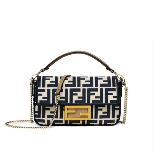 Fendi Baguette Mini FF Jacquard Fabric Shoulder Bag Navy Blue 21Cm