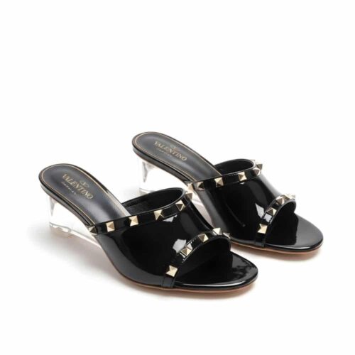 Valentino Rockstud Slide Sandal In Transparent Polymer With 50mm Plexi Wedge Black