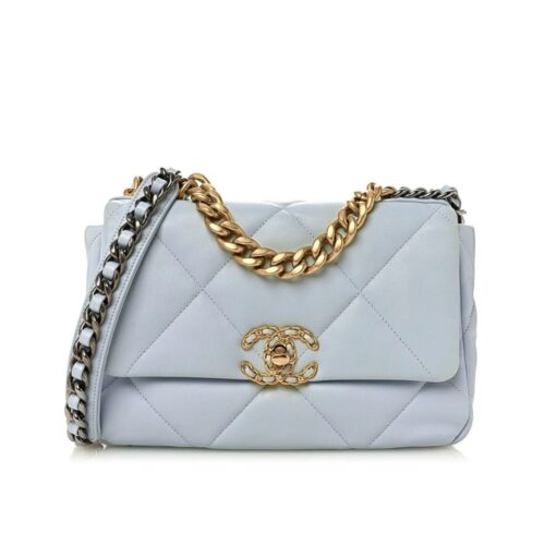 Chanel 19 Small Smooth Leather Flap Bag Light Blue 26Cm