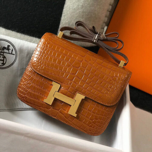 Alternative view of Hermes Constance 19 Mini Shiny Alligator Palladium Hardware Crossbody Bag Gold 19Cm