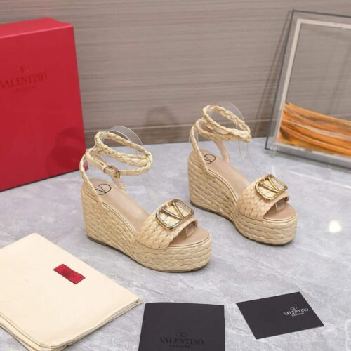 Alternative view of Valentino Garavani Vlogo Cut Out Wedge Sandals In Raffia Platform Natural 110mm