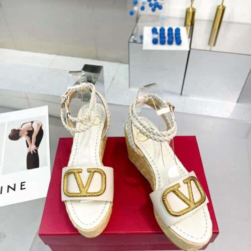 Alternative view of Valentino Garavani VLogo Signature Espadrille Raffia Wedge Sandals White