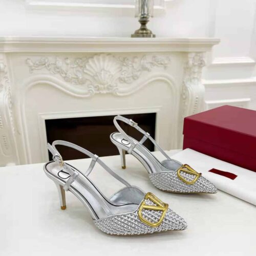 Alternative view of Valentino Garavani Vlogo Woven Leather Slingback Pumps Silver