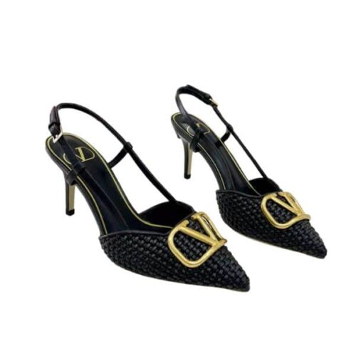 Valentino Garavani Vlogo Signature Woven Leather Slingback Pumps Black