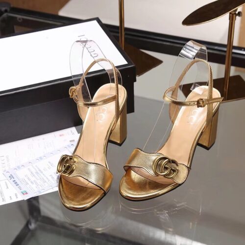 Alternative view of Gucci Mid Heel Metallic Laminate Leather Sandal Gold 453379