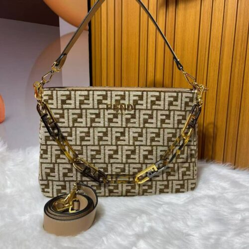 Alternative view of Fendi O Lock Zip FF Tapestry Fabric Shoulder Bag Dove Brown 35Cm 8BR805ALFVF1IQU