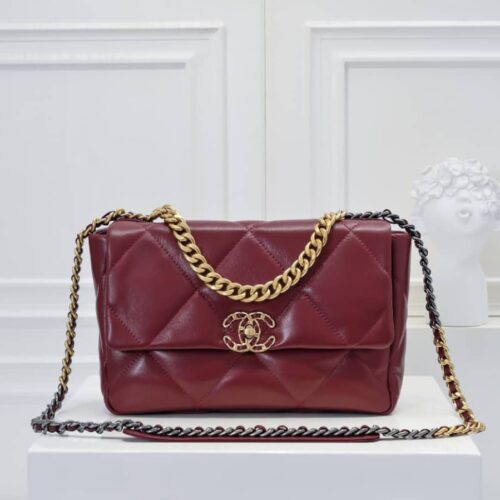 Alternative view of Chanel 19 Small Shiny Crumpled Leather Flap Bags Burgundy 22cm