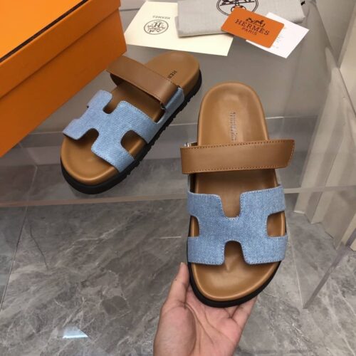 Alternative view of Hermes Chypre Flat Sandals Denim Brown