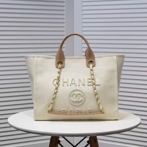 Alternative view of Chanel Deauville Large Canvas Pearl Tote Bags Beige 38cm