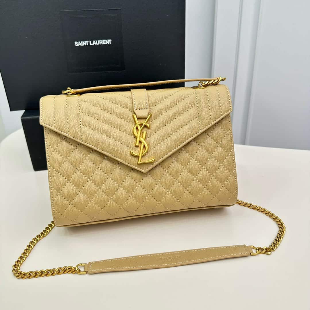Saint Laurent Envelope Medium Quilted Grain De Poudre Embossed Leather Crossbody Bag Beige 24Cm 600185BOW912721 - Image 2