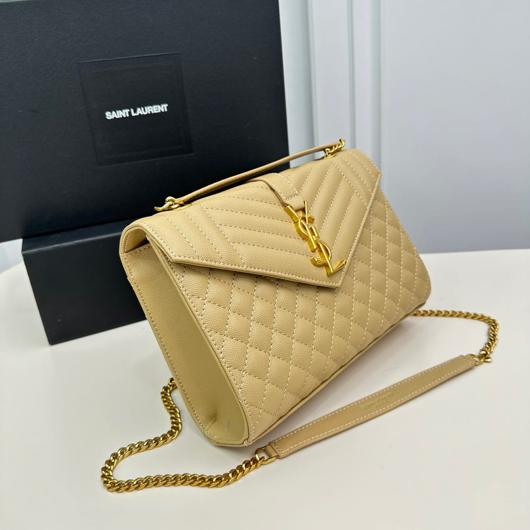 Saint Laurent Envelope Medium Quilted Grain De Poudre Embossed Leather Crossbody Bag Beige 24Cm 600185BOW912721 - Image 3