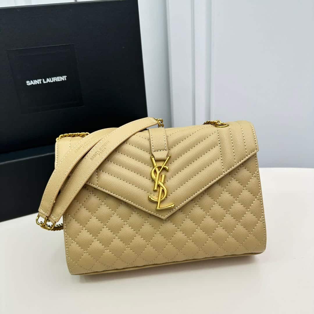 Saint Laurent Envelope Medium Quilted Grain De Poudre Embossed Leather Crossbody Bag Beige 24Cm 600185BOW912721 - Image 7