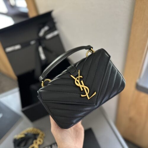 Alternative view of Saint Laurent College Mini Shiny Crackled Leather Chain Bag Black 20Cm 779430Dzh071000