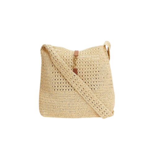 Saint Laurent Le 5 A 7 Raffia Crochet And Smooth Leather Hobo Bag Beige 32Cm 690941Gaaar2080