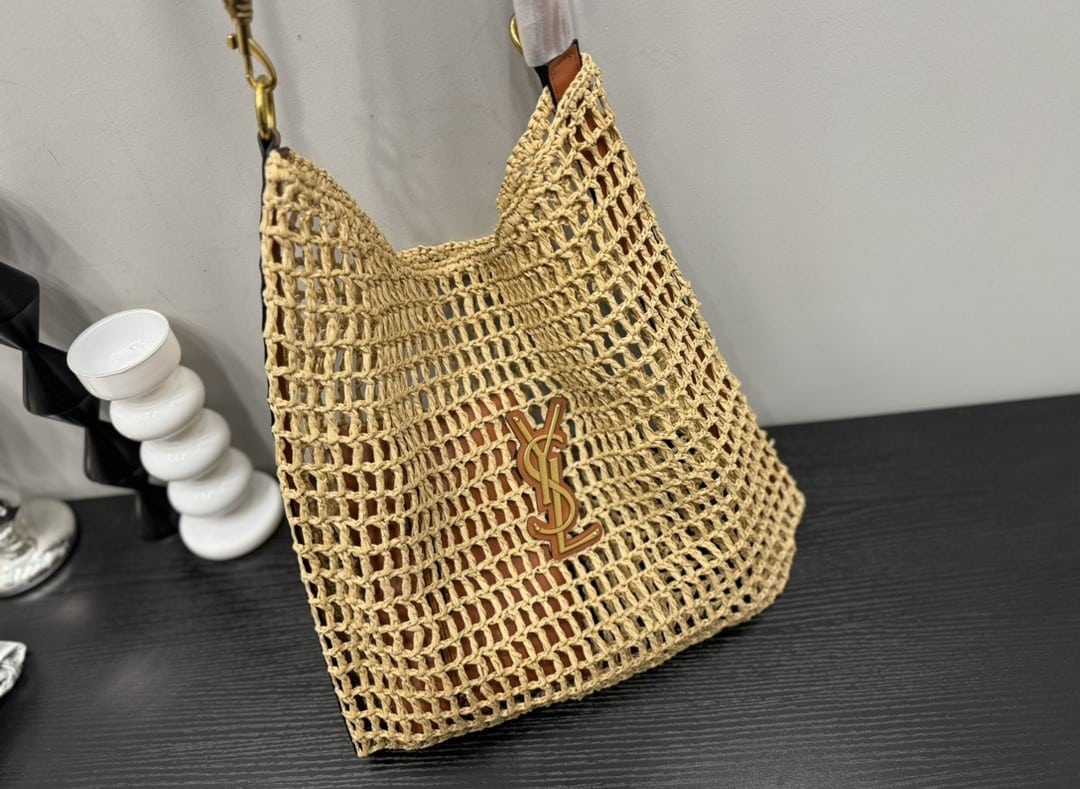 Saint Laurent Oxalis Raffia Crochet and Leather Shoulder Bag Naturel 41cm 773984GAAEB9718 - Image 3