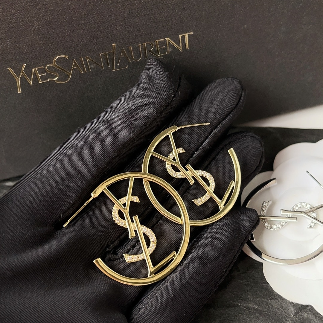 Saint Laurent YSL Hoop Earrings With Crystals Gold - Image 2