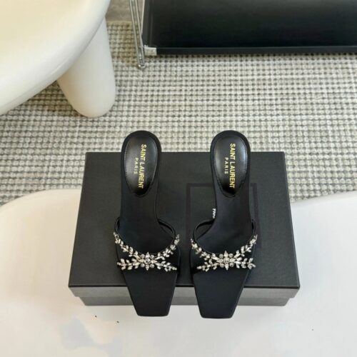 Alternative view of Saint Laurent Liz Mules Satin And Rhinestones Black