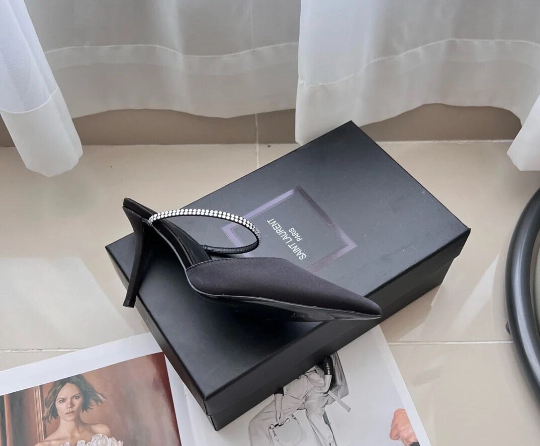 Saint Laurent Barbara Mules Satin And Rhinestones Black 7997159QN0A1021 - Image 5