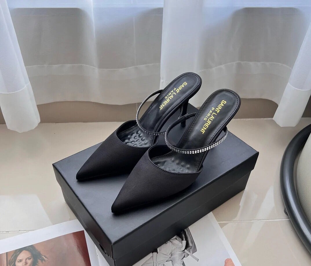 Saint Laurent Barbara Mules Satin And Rhinestones Black 7997159QN0A1021 - Image 4