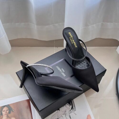 Alternative view of Saint Laurent Barbara Mules Satin And Rhinestones Black 7997159QN0A1021