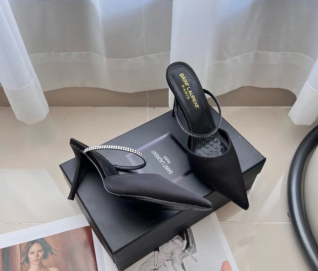 Saint Laurent Barbara Mules Satin And Rhinestones Black 7997159QN0A1021 - Image 2