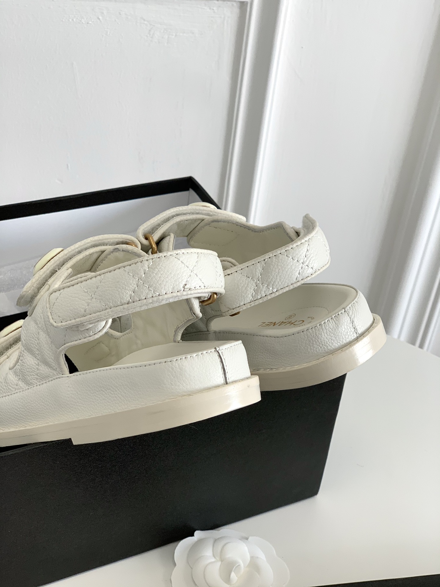Chanel Sandals Grained Leather With CC Button Accent White - Image 8