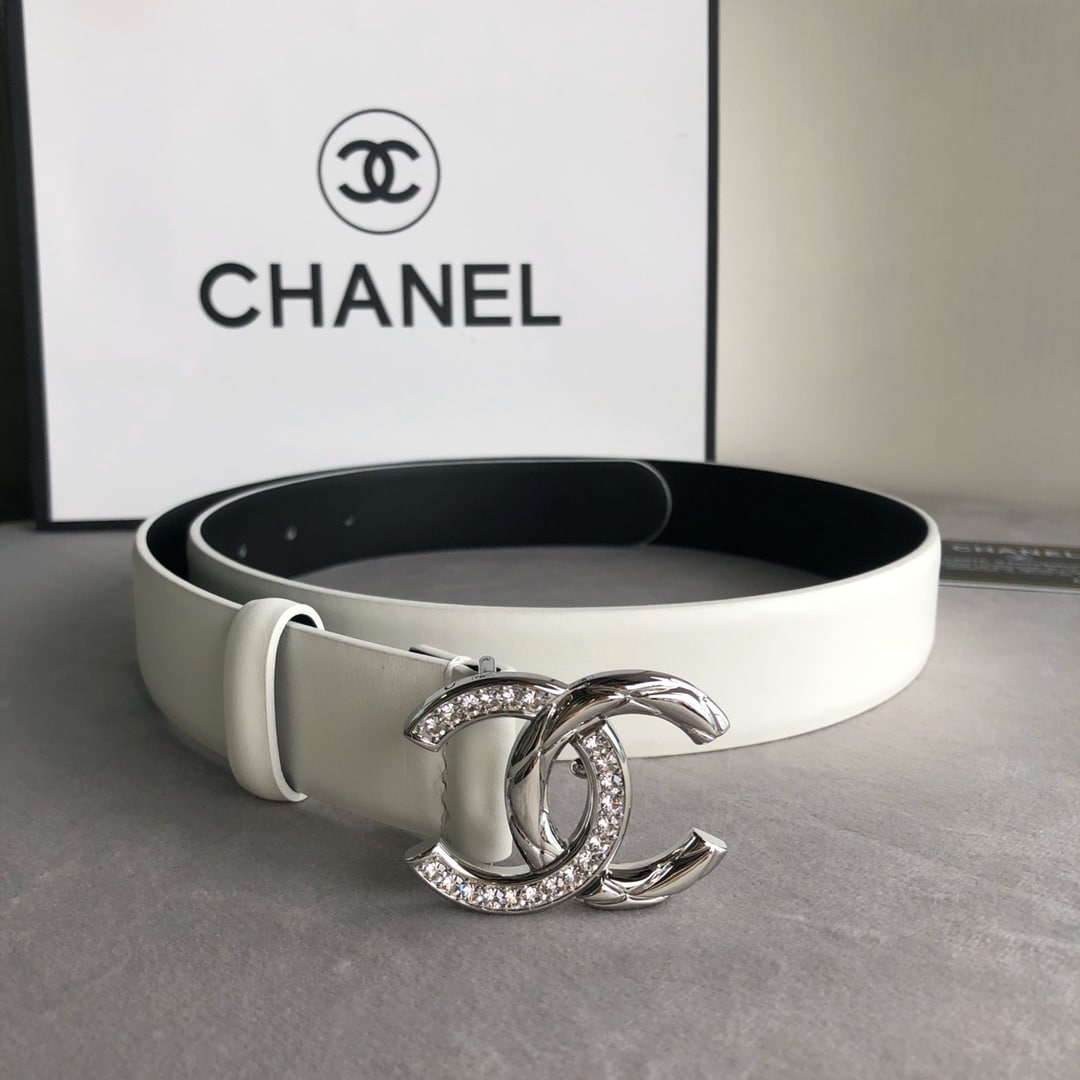 Chanel Crystals Belt Smooth Leather Silver White 30mm - Image 3