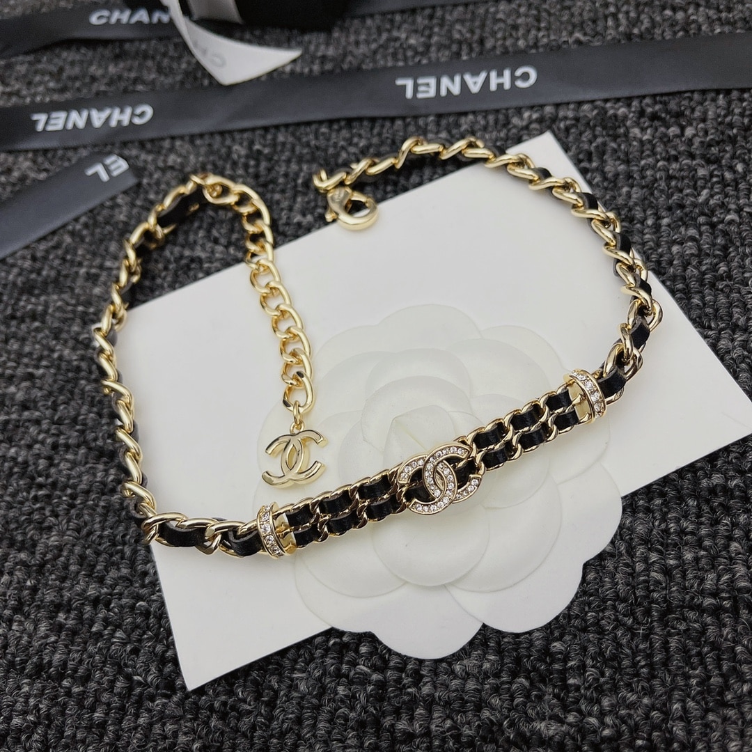 Chanel Choker Necklace Interwoven Leather Chain Crystals Gold Black AB6890 B06537 NF006 - Image 2