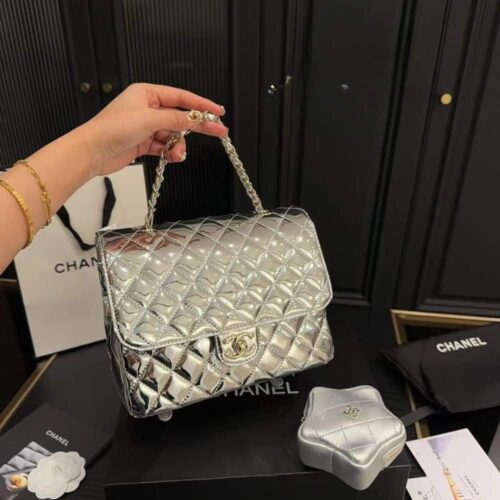 Alternative view of Chanel Star Mini Patent Leather Flap Bag Metallic Silver 23cm