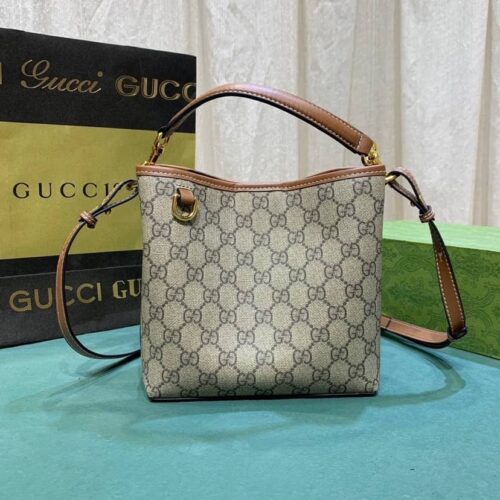 Alternative view of Gucci GG Emblem Small GG Monogram Canvas Bucket Bag Beige And Brown 19Cm ‎815118 FAD6L 9758