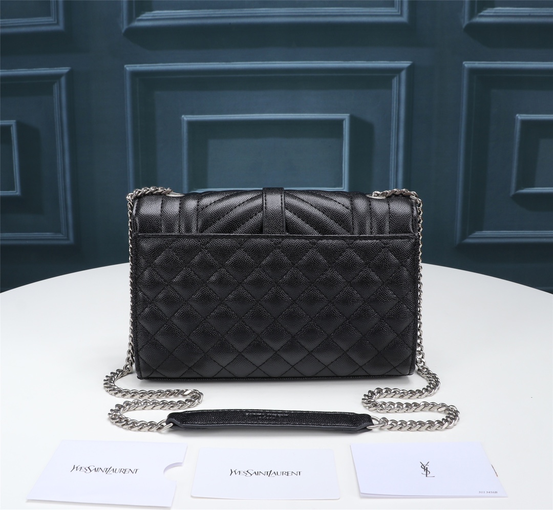 Saint Laurent Envelope Small Quilted Grain De Poudre Embossed Leather Silver Hardware Crossbody Bag Black 21cm 600195BOW921000 - Image 3