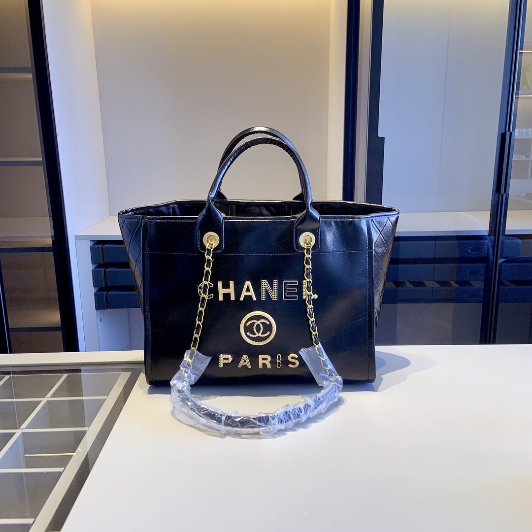 Chanel Deauville Large Smooth Leather Tote Bag Black 38cm - Image 2