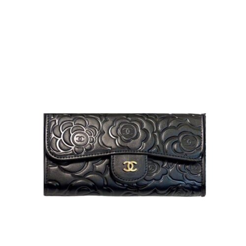 Chanel Camellia Embossed Flap Wallet Black 19Cm
