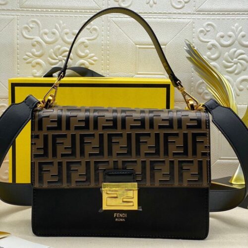 Alternative view of Fendi Kan I Medium FF Leather Shoulder Bag Black and Brown 25Cm 8BT315A5TZF13WB