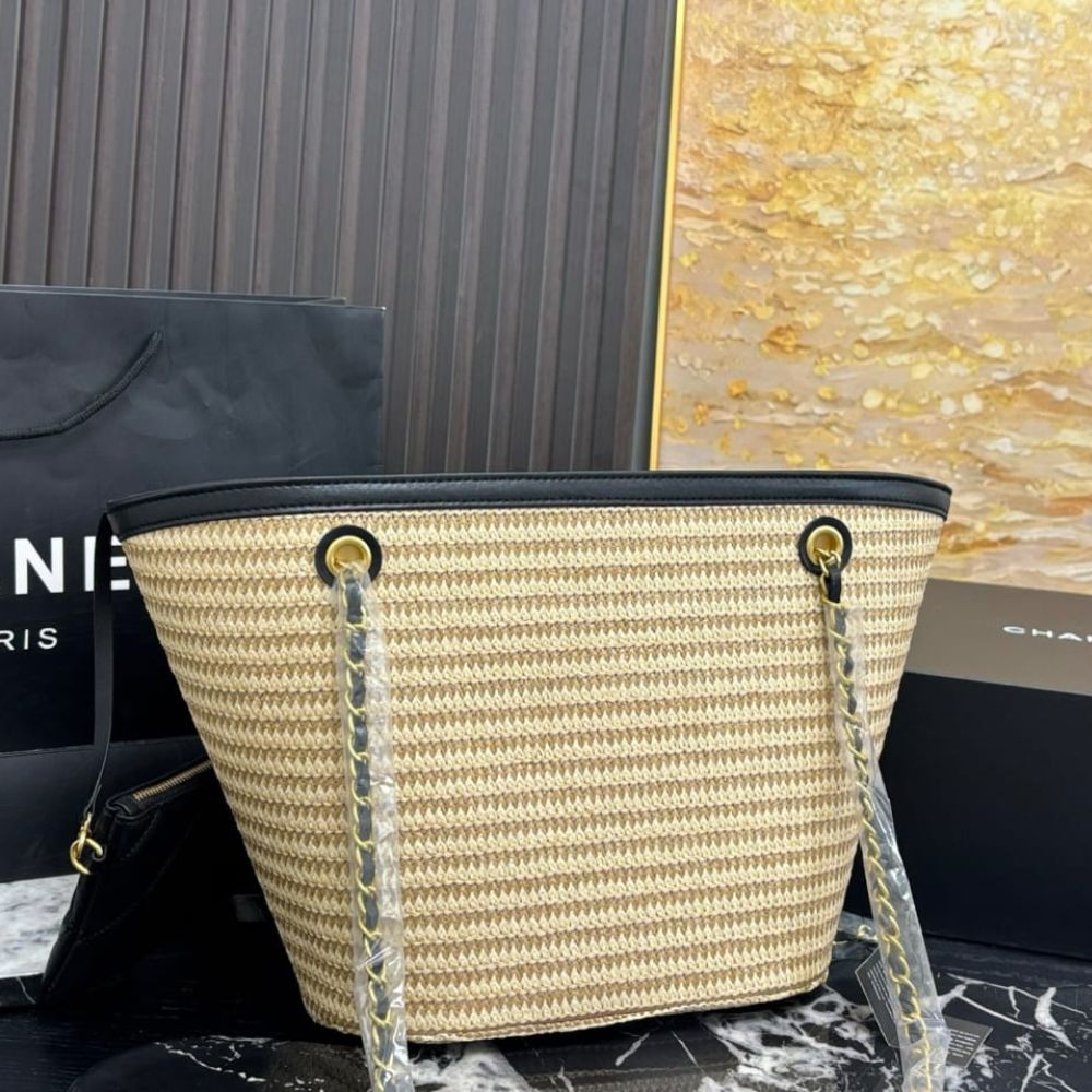 Chanel Shopping Bag Small Braided Straw Tote Bag Beige Black 26cm - Image 6