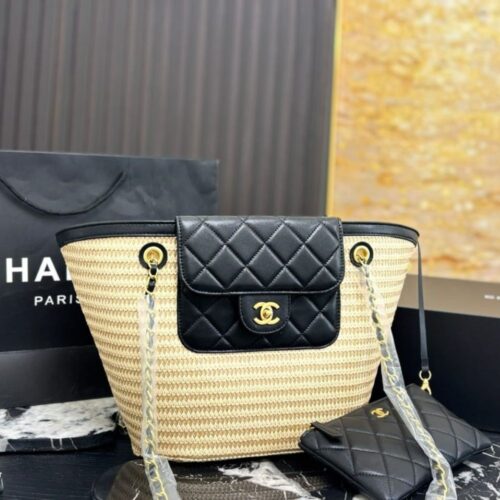 Alternative view of Chanel Shopping Bag Small Braided Straw Tote Bag Beige Black 26cm