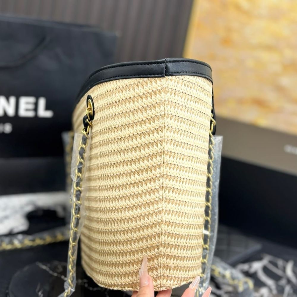 Chanel Shopping Bag Small Braided Straw Tote Bag Beige Black 26cm - Image 5