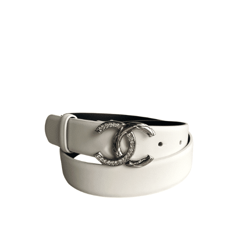 Chanel Crystals Belt Smooth Leather Silver White 30mm