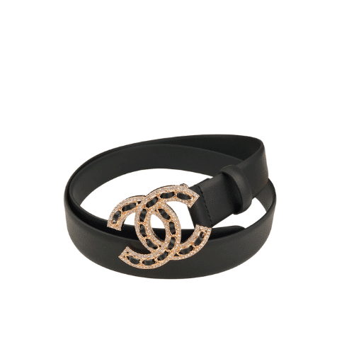 Chanel Crystals Belt Interwoven Chain Smooth Leather Gold Black 28mm