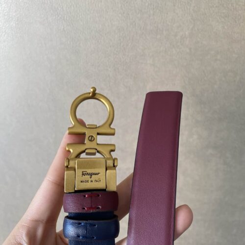 Alternative view of Salvatore Ferragamo Gancini Plum Red Leather Belt With Gold Metal Buckle 2.5Cm