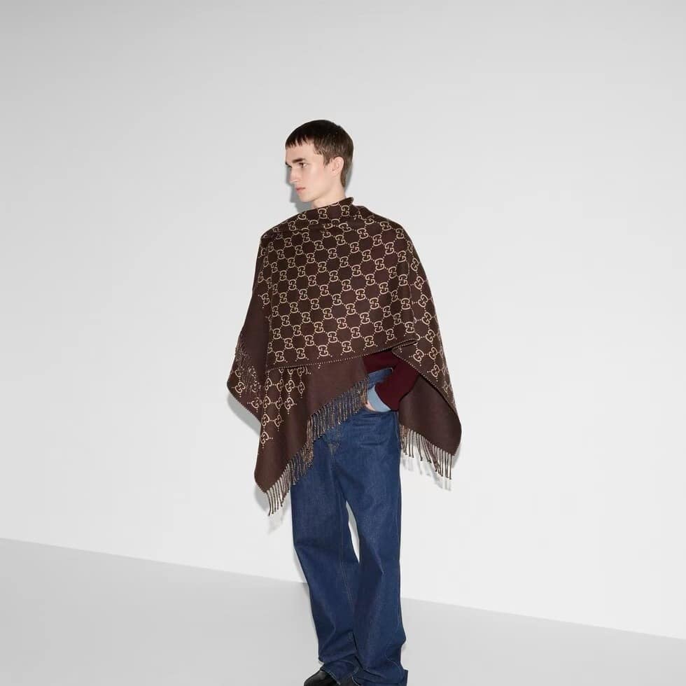 Gucci GG Wool Jacquard Cape Brown And Beige 140Cm 817831 3G200 2579 - Image 5
