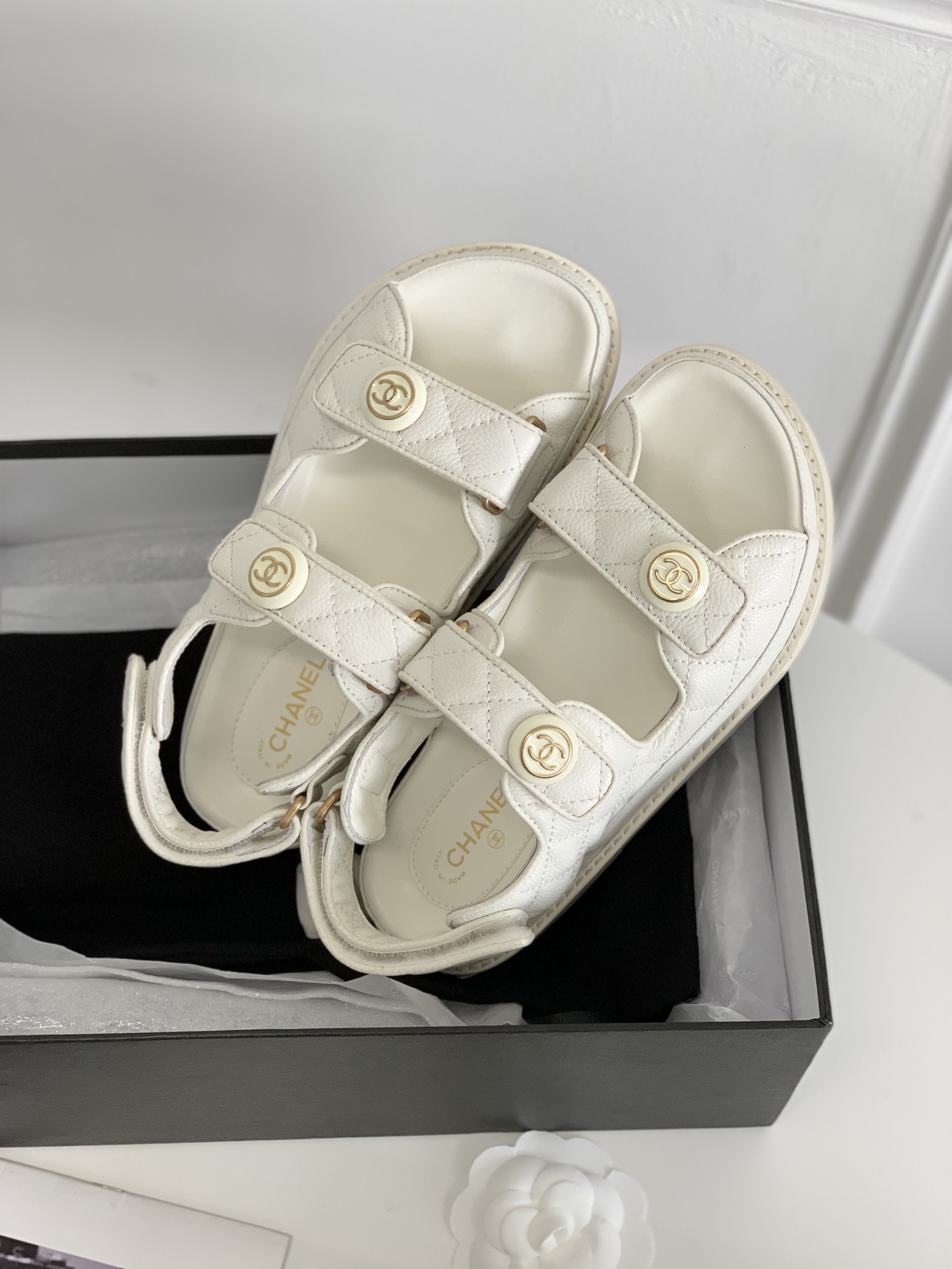 Chanel Sandals Grained Leather With CC Button Accent White - Image 9