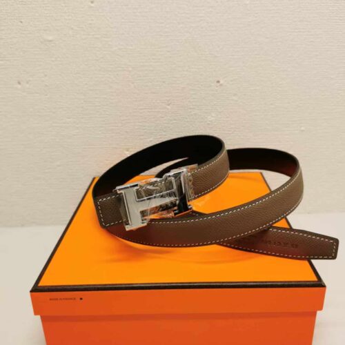 Alternative view of Hermes Mini H Buckle Reversible Leather Belt Brown Silver 24mm