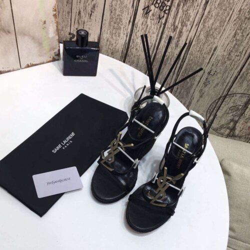 Alternative view of Saint Laurent Cassandra 115 Wedge Sandals Smooth Leather Raffia Black