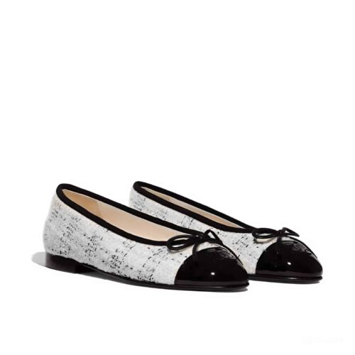 Chanel Ballerina Flat Tweed And Smooth Leather White Black