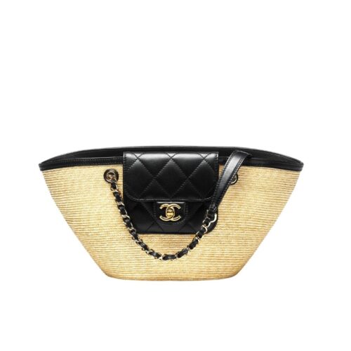Chanel Shopping Bag Small Braided Straw Tote Bag Beige Black 26cm