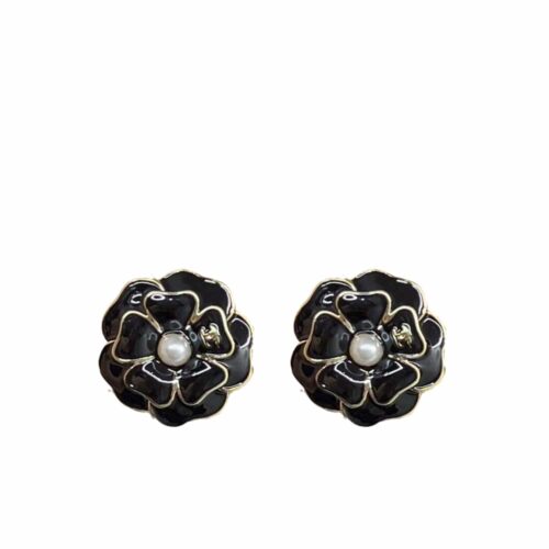 Chanel Camellia Stud Earrings Resin Pearl Metal Black Gold