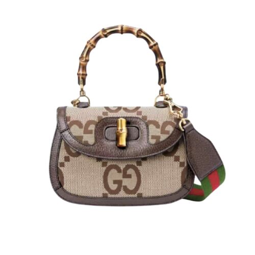 Gucci Bamboo 1947 Small Jumbo GG Canvas Top Handle Bag Beige And Brown 18Cm